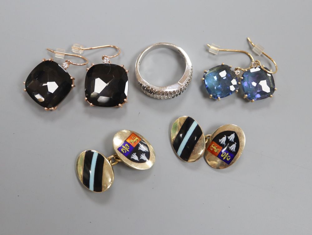 A pair of 9ct gold and enamel cuff links, Birmingham 1926, two pairs of paste earrings stamped 14k and a pave set ring stamped 10k